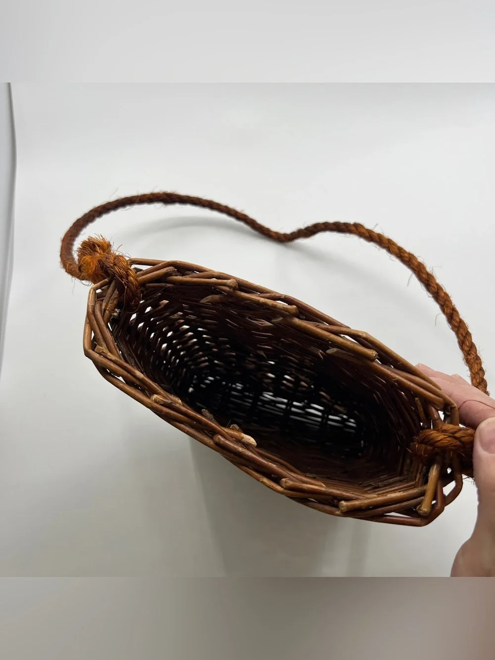 Brown Wicker Woven door basket outdoors bag purse with rope handle